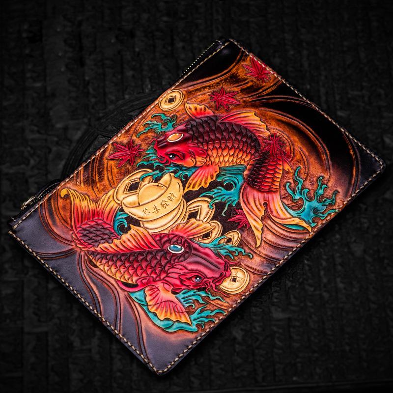 Handmade Leather Tibet Scriptures Tooled Wristlet Bags iPad Bag Mens Cool Leather Clutch for Men