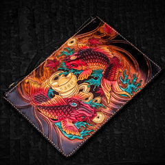Handmade Leather Tibet Scriptures Tooled Wristlet Bags iPad Bag Mens Cool Leather Clutch for Men