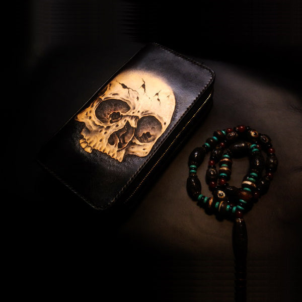 Handmade Leather Skull Double Zipper Mens Long Wallet Clutch Cool Leather Wallet Long Tooled Wallets for Men