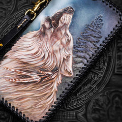 Handmade Leather Tooled Wolf Chain Wallet Mens Biker Wallet Cool Leather Wallet Long Phone Wallets for Men