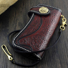 Handmade Tooled Leather Men's Biker Wallet Motorcycle Wallet Long Wallet with Chain For Men
