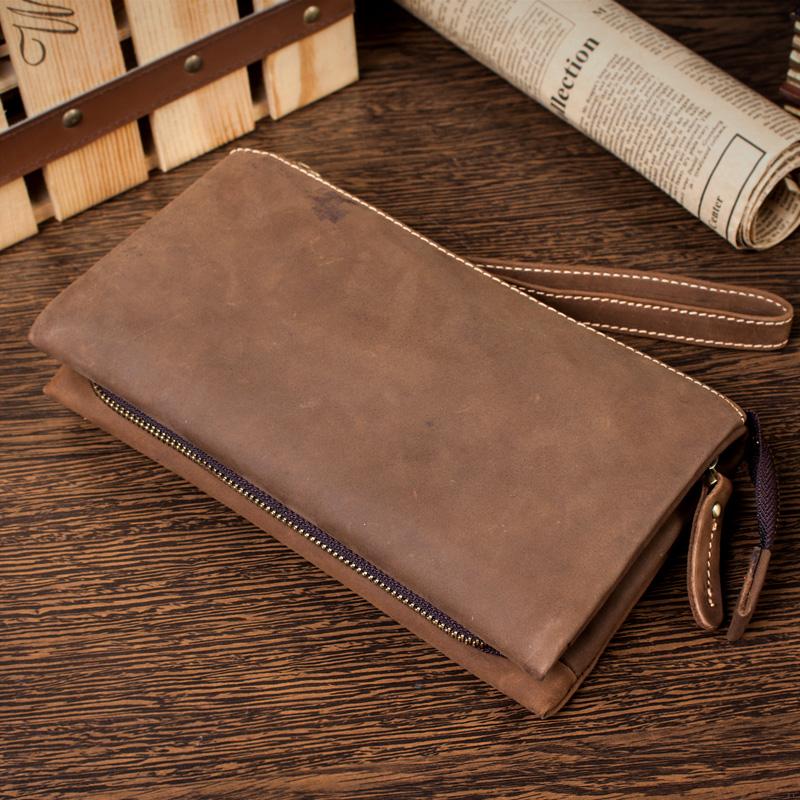 Light Brown Cool Mens long Wallet Wristlet Wallet Clutch Wallet Dark Brown Long Wallets for Men