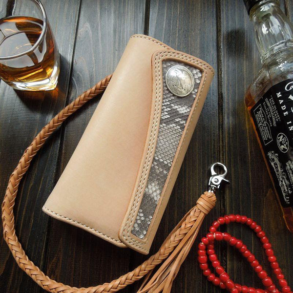 Handmade Leather Biker Wallet Boa Skin Long Trifold Mens Cool Chain Wallet Trucker Wallet with Chain