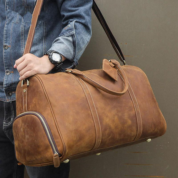 Vintage Brown Leather Men's Overnight Bag Weekender Bag Brown Travel Bag Handbag For Men