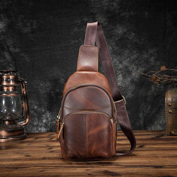 Cool Vintage Leather Mens Sling Bag Chest Bag Vintage One Shoulder Backpack For Men