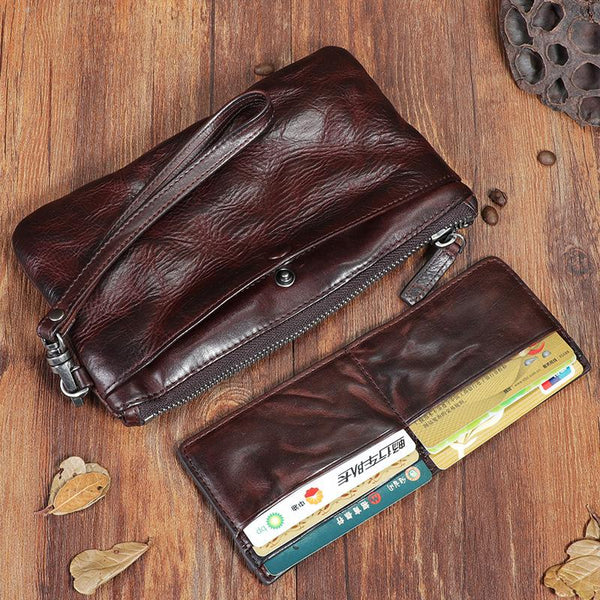 Handmade Wrinkled Leather Mens Brown Cool Long Wristlet Wallet Black Clutch Wallet for Men