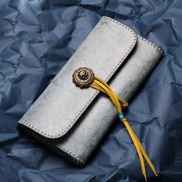 Handmade Leather Mens Clutch Wallet Cool Wallet Long Wallets for Men Women