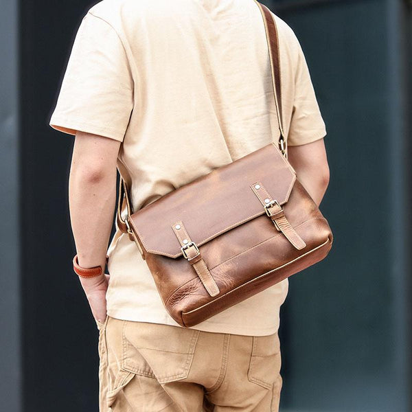 Cool Brown Leather Mens Small Courier Bags Vintage Brown Messenger Bag Postman Bag For Men