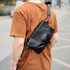 Black Leather Mens Small Courier Bag Chest Bag Messenger Bags Black Sling Bag For Men