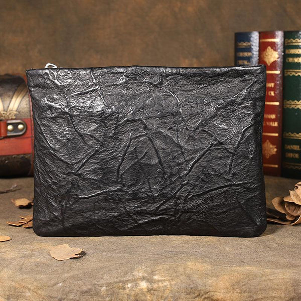 Handmade Leather Mens Black Cool Long Wallet Wirstlet Bag Ultra Thin Clutch Wallet for Men