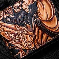 Handmade Leather Chinese Black&White Tooled Mens billfold Wallet Cool Leather Wallet Biker Wallet for Men