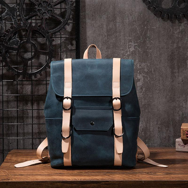 Cool Mens Blue Leather Backpack School Backpack Leather Laptop Backpack for Men