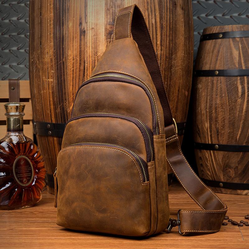 Casual Brown Leather Mens Sling Pack Sling Bags Chest Bag One Shoulder Backpack for Men