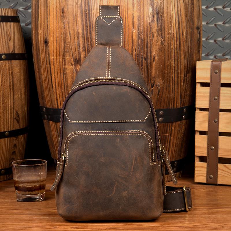 Cool Dark Brown Leather Mens Sling Bags Crossbody Pack One Shoulder Backpack Chest Bag for men