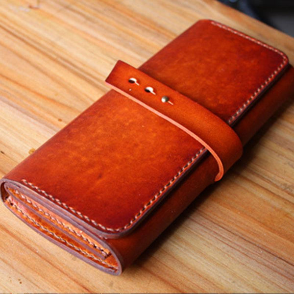 Handmade Leather Mens Long Trifold Wallet Vintage Cool Long Wallet for Men