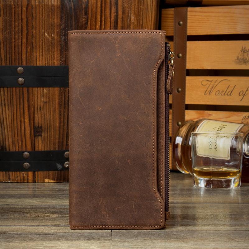 Brown Cool Mens long Wallet Wristlet Bag Clutch Bag Bifold Long Wallet Hand Bags for Men