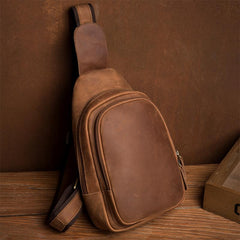 Cool Dark Brown Leather Mens Cool Sling Bag Crossbody Pack Brown Chest Bag Sling Pack for men