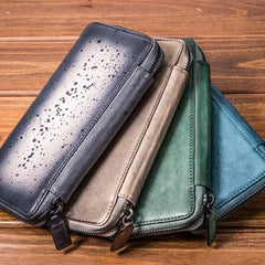 Handmade Leather Mens Cool Long Leather Wallet Bifold Zipper Clutch Wallet for Men - iChainWallets