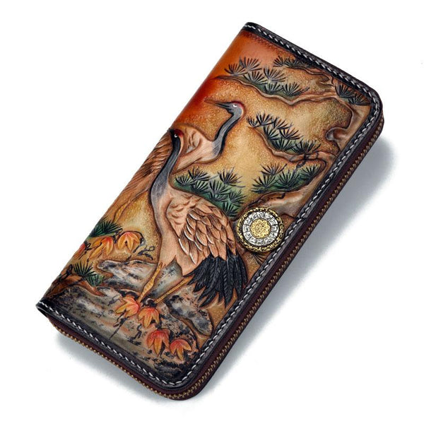 Handmade Leather Mens Clutch Wallet Cool Red-Crowned Crane Tooled Wallet Long Zipper Wallets for Men