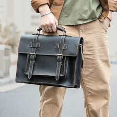 Vintage Black Mens Leather Briefcases Work Handbags Brown 14'' Computer Briefcase For Men
