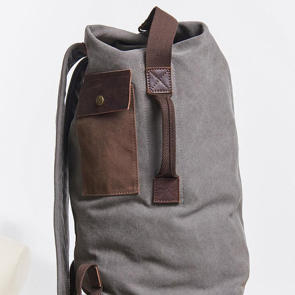 Cool Canvas Leather Mens Bucket Backpack Canvas Travel Bag Canvas Barrel Bag for Men