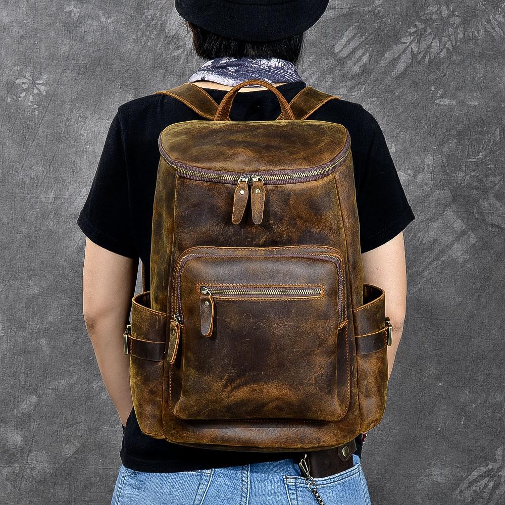 Brown Leather Mens 14" Laptop Large Backpack Hiking Backpack Travel Backpack College Bag for Men