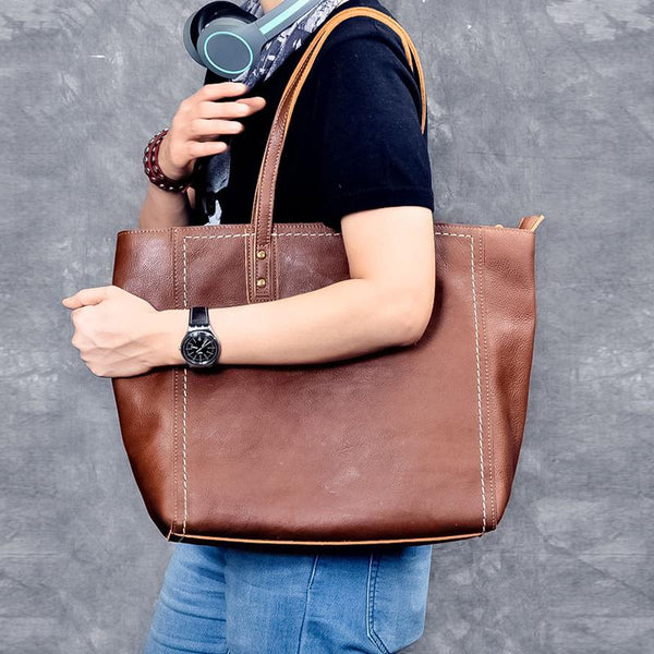 Leather Mens Womens 15" Large Shoulder Bag Brown Tote Bag Large Side Bag Dark Coffee Handbag For Men