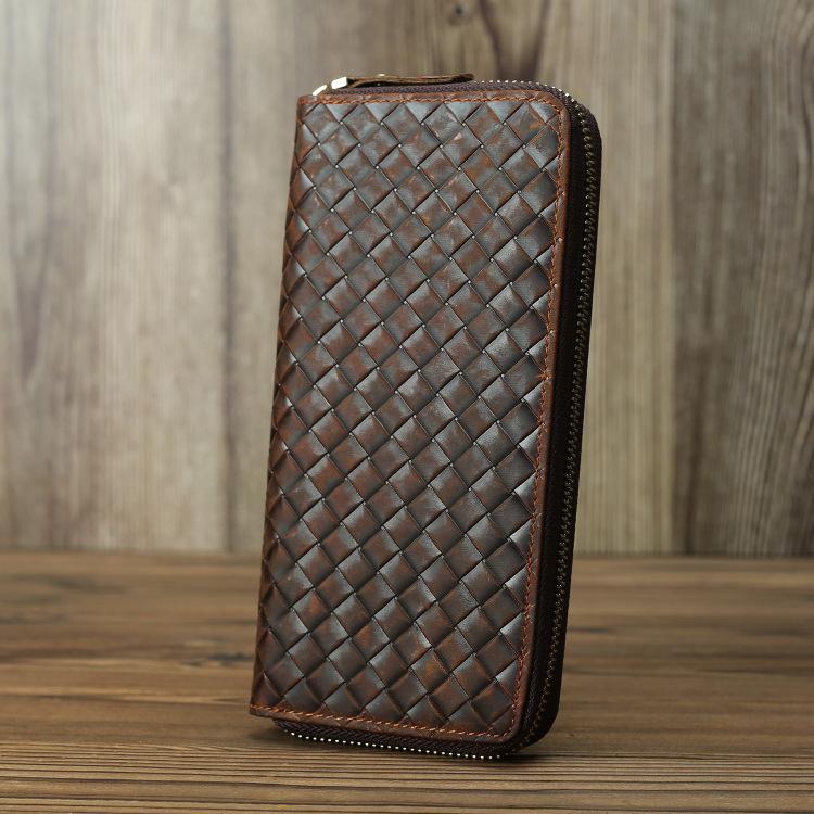 Braided Leather Long Wallet for Men Woven Bifold Long Wallet Brown Zip Cards Wallet For Men