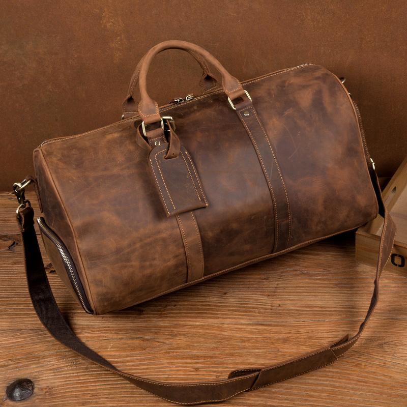 Cool Brown Mens Leather 15 inches Weekender Bag Travel Shoulder Bags Duffle  Luggae Bag for Men