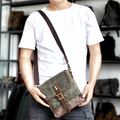 Cool Canvas Leather Mens Small Green Messenger Bag Vertical Side Bag Shoulder Bag For Men