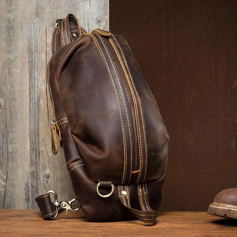 Cool Dark Brown Leather Mens Sling Pack Sling Bags Light Brown Crossbody Pack Chest Bag for men