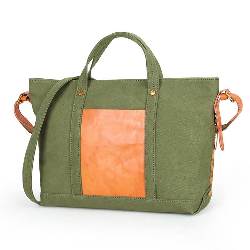 Canvas Leather Mens Womens Small Handbag Caramel Tote Bag Shoulder Bag Green Side Bag for Men