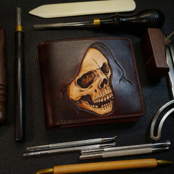 Handmade Leather Skull Tooled Mens Billfold Wallet Death Leather Wallet Slim Wallet for Men