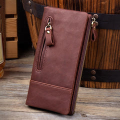 Black Cool Mens Leather long Wallet Brown Leather Zipper Wallet Long Wallets Clutch for Men