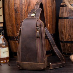 Cool Brown Leather Mens Sling Bag Sling Pack Crossbody Backpack Chest Bag for men