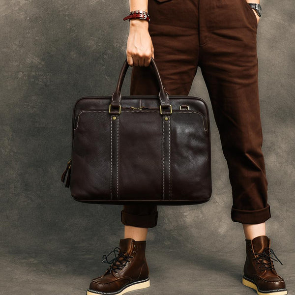 Coffee Leather Mens 15" Black Laptop Briefcase Business Brown Large Handbag For Men