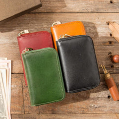 Black Leather Mens Small Card Wallet Red Zipper Card Holder Brown Zipper Coin Wallet For Men