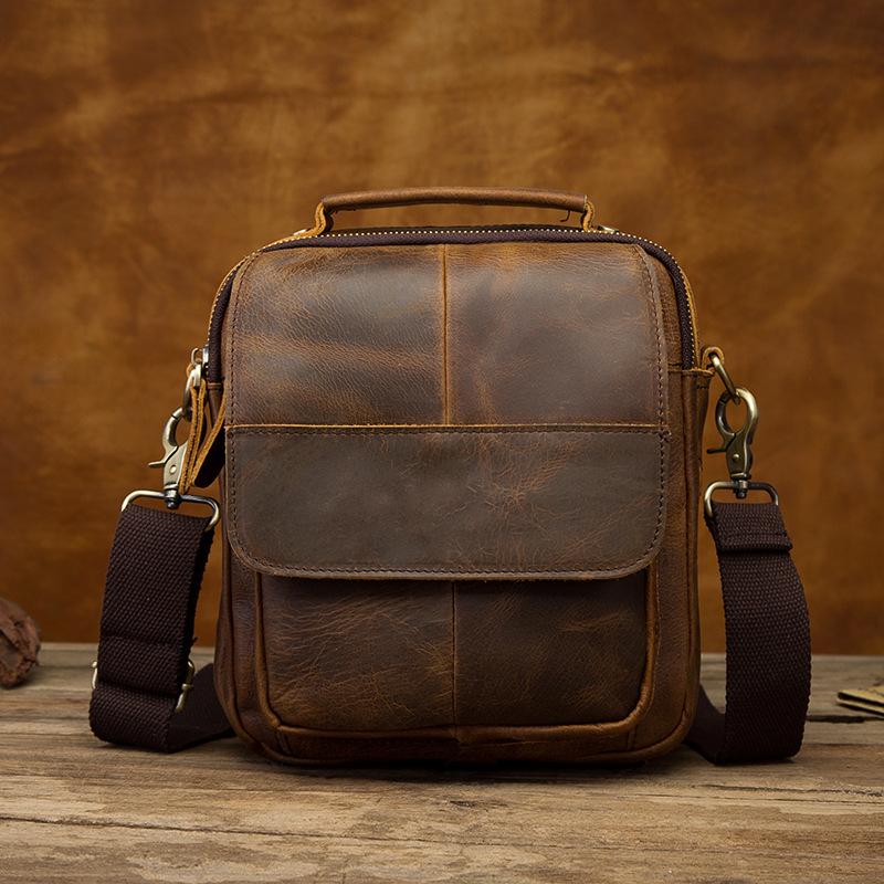 Vintage Brown Leather Mens Small Vertical Side Bags Shoulder Bags Messenger Bag For Men