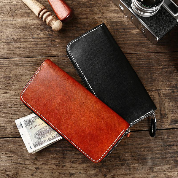 Cool Leather Mens Black Long Wallet Brown Handmade Zipper Wallet Long Wallet For Men