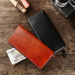 Cool Leather Mens Black Long Wallet Brown Handmade Zipper Wallet Long Wallet For Men