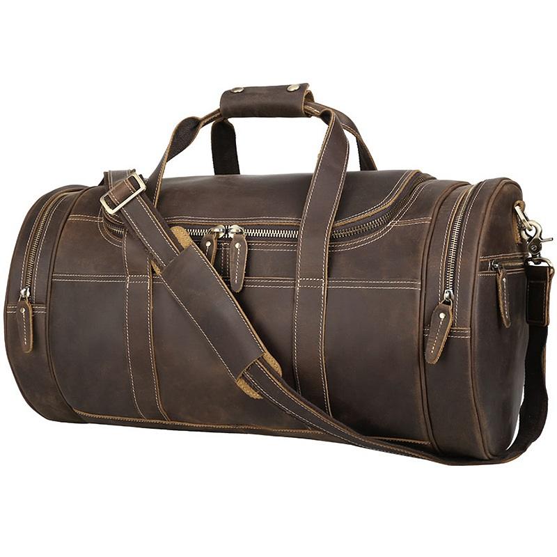 Casual Brown Leather Round Men's Large Overnight Bag Travel Bag