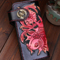 Handmade Mens Cool Tooled Long Carp Leather Chain Wallet Biker Trucker Wallet with Chain