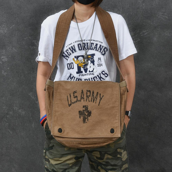 Washed Canvas Mens Large Brown Side Bag 14‘’ Army Green Messenger Bag Shoulder Bag For Men