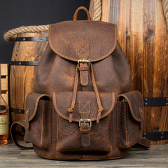 Fashion Brown Mens Leather 15inches Large Backpacks Travel Backpacks School Backpacks for men