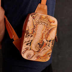 Handmade Beige Ganesha Tooled Leather Sling Bag Chest Bag One Shoulder Backpack For Men