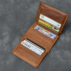 Brown Waxed Leather Mens Small Wallet billfold Trifold Card Wallet For Men