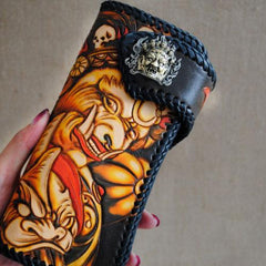 Handmade Mens Tooled God Mahakala Long Leather Chain Wallet Biker Trucker Wallet with Chain - iChainWallets