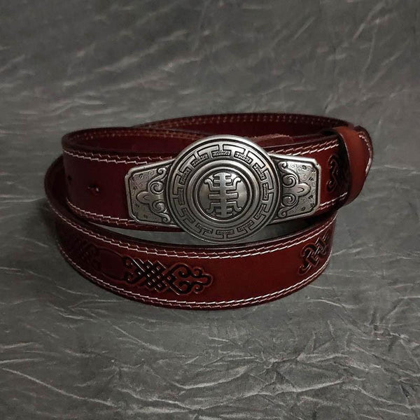 Fashion Red Brown Leather Metal Belt Motorcycle Belt Leather Biker Round Belt For Men