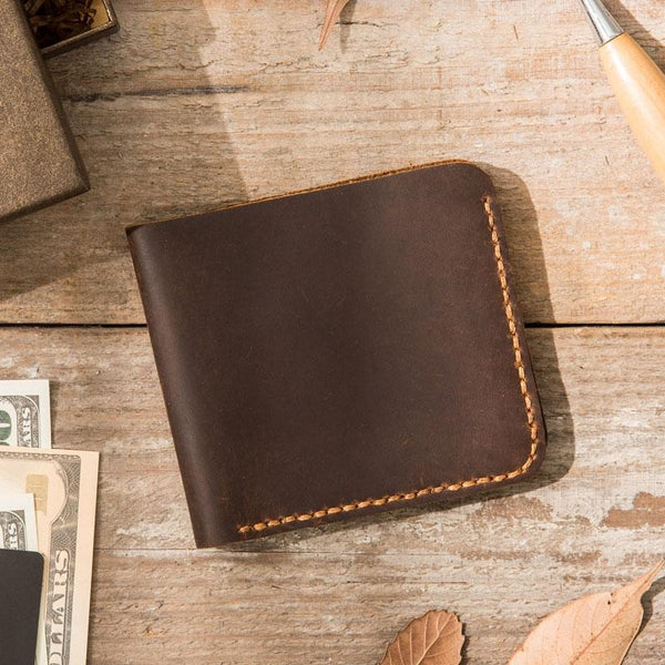 Cool Leather Mens Coffee Slim Small Wallet Bifold Vintage billfold Wallet for Men
