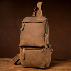 Cool Light Brown Leather Mens 10 inches Sling Bag Crossbody Pack Chest Bag for men